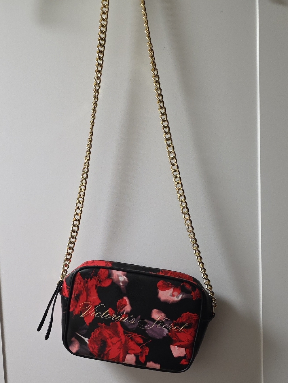 Victoria's Secret Black Crossbody with Red Rose Print and Gold Chain
